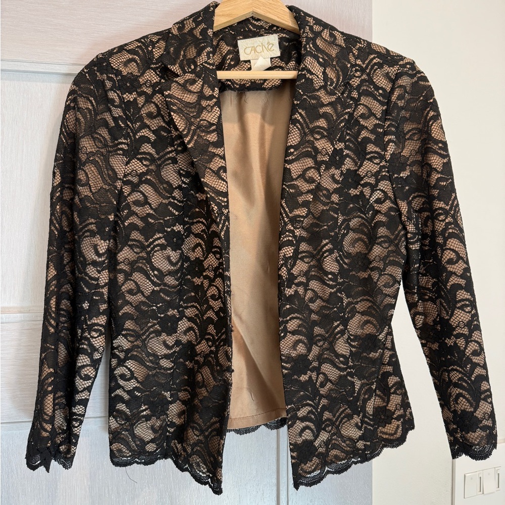 Cache Black Lace Blazer Jacket Beige Lining Sheer Floral Evening Small